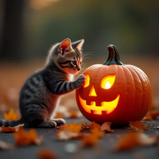 A small cat curiously examining a carved pumpkin with a lit candle inside, surrounded by a scatter of autumn leaves, as the evening light casts long shadows and a soft glow from the pumpkin illuminates the leaves on the ground.