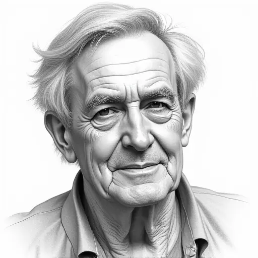 An elderly man with gray hair and a gentle expression, sketched with soft pencil strokes and shading.