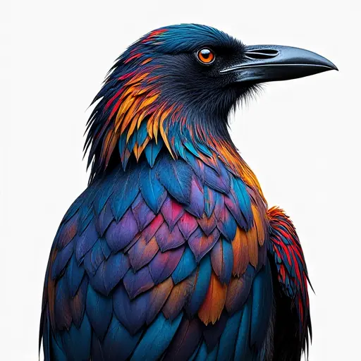 A raven with colorful painted feathers, each one with a different artistic pattern and vibrant hues.