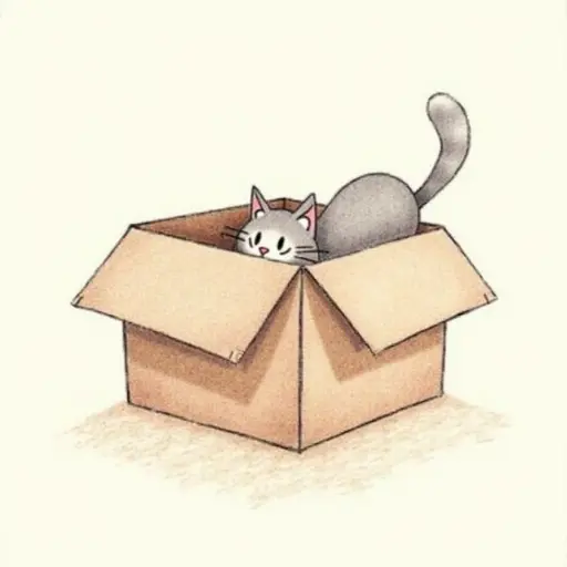 colored pencil drawing style of The cat dives headfirst into the box, its tail swishing gently as it explores the surroundings.