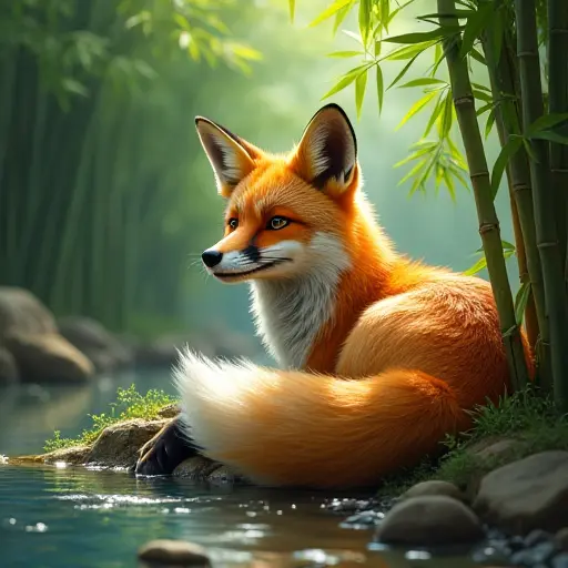 A fox resting beside a tranquil stream in a dense bamboo forest, with its tail curled around its body and dappled sunlight dancing on its fur.