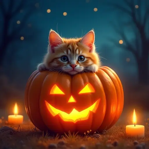 A playful cat peeking out of a carved pumpkin, illuminated by the soft glow of a candle inside, under a starry Halloween night.