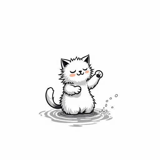 clean black and white hand-drawn outlines of A rasta cat playfully splashing water with its paws, showing a mischievous expression.