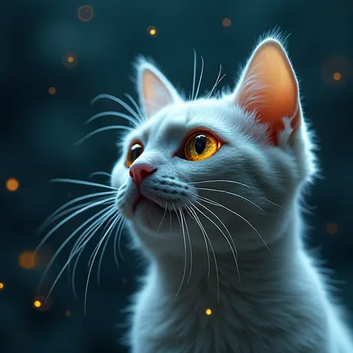 A cat with AI-like eyes resembling sensors or cameras, scanning its surroundings, with floating data and virtual information streams.