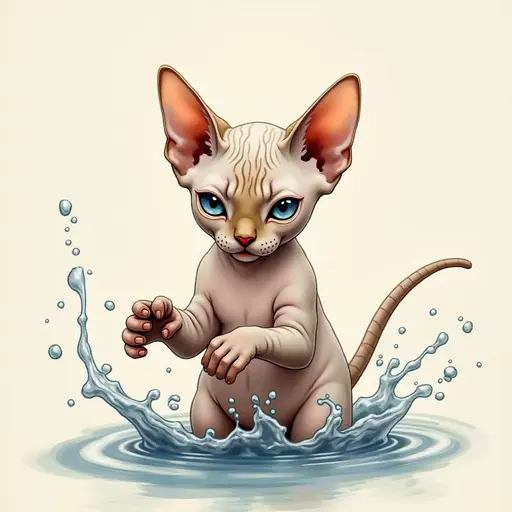 pointillism painting of A sphynx cat playfully splashing water with its paws, showing a mischievous expression.