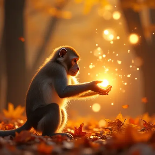 A monkey playing with glowing orbs of light in a forest filled with autumn leaves, the golden orbs floating above the ground, casting a magical glow on the colorful leaves and the monkey