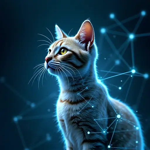 A cat with a digital, glowing net around it, symbolizing artificial intelligence or a digital ecosystem, capturing information.