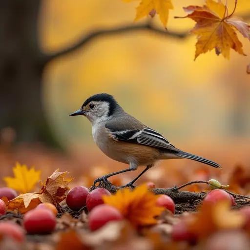 A small bird perched on a tree branch, surrounded by the fallen fruit of the autumn harvest, with colorful leaves scattered across the ground, creating a rich tapestry of fall colors.