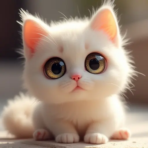 Cute cat with oversized sparkling eyes, tiny pink nose, and a fluffy tail.