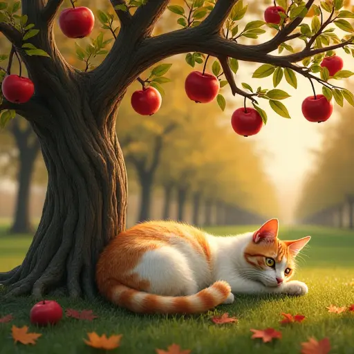 A cat lying under a gnarled apple tree in an autumn orchard, its tail curled around its paws while red apples dot the tree branches above, and the leaves fall gently around it.