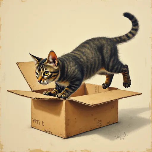 pointillism painting of The cat dives headfirst into the box, its tail swishing gently as it explores the surroundings.