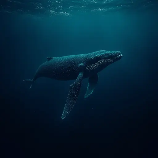 A whale gliding gracefully through a dark ocean illuminated by glowing plankton, its body trailing faint, bioluminescent lights.