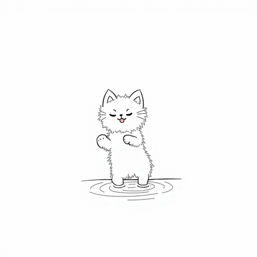 black and white simple line drawing of A persian cat playfully splashing water with its paws, showing a mischievous expression.