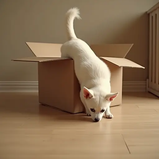 hd photo of The dog dives headfirst into the box, its tail swishing gently as it explores the surroundings.