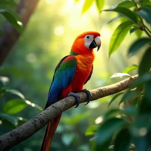 A brightly colored tropical bird perched on a branch surrounded by lush jungle foliage, with rays of sunlight streaming through.