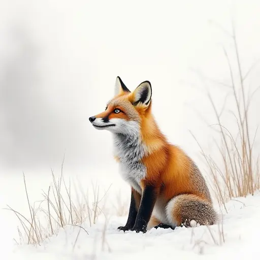 A fox in a snowy landscape, drawn in gentle pencil strokes and shaded with soft whites and grays.