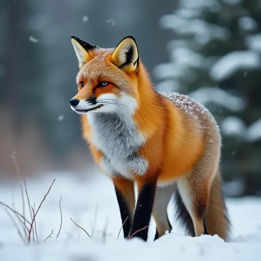 A graceful fox standing in a snowy forest, its fur glistening with snowflakes, surrounded by pine trees covered in frost.