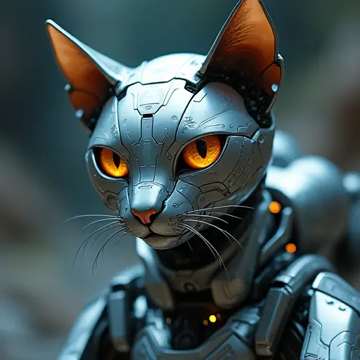 A mechanical cat with metallic ears, eyes, and mouth, reflecting a robotic or cyborg appearance against a high-tech backdrop.