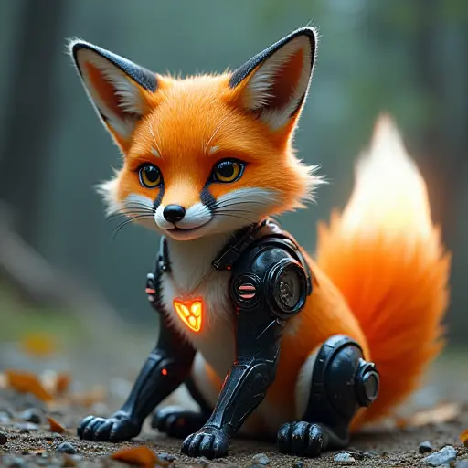 A fox avatar with futuristic tech enhancements, such as cybernetic limbs and glowing fur patterns, blending nature with tech.