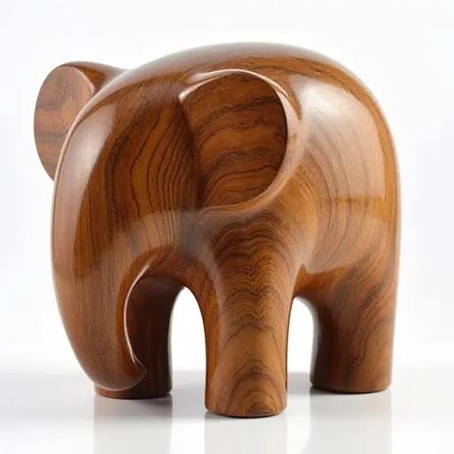 An elephant shaped from polished wood, with grain patterns that emphasize the texture and natural beauty of the material.