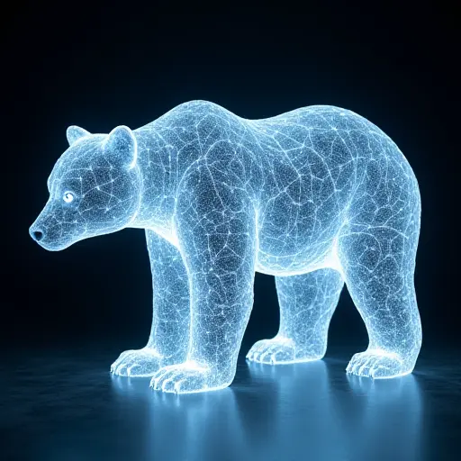 A bear formed from an array of glowing photonic fibers, creating a shimmering, ethereal appearance. Its body pulses with light, as if powered by a constant electrical current, with intricate patterns forming on its skin.