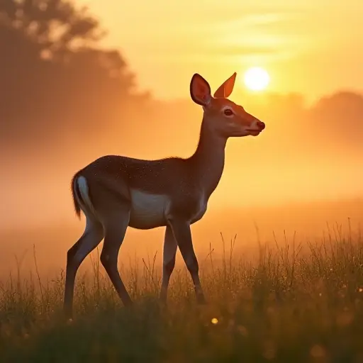 A deer standing gracefully in a misty meadow at sunrise, with soft golden light illuminating its delicate features and the dew-covered grass.