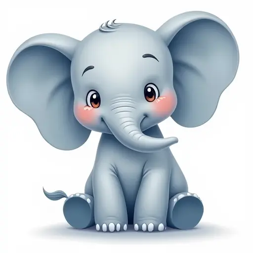 A happy elephant with large ears, drawn with rounded lines and soft shades of gray and blue.