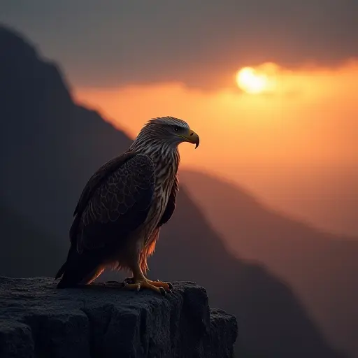 An eagle perched on a cliff edge, its feathers glowing in the first light of dawn as the sky transitions from dark to warm hues.