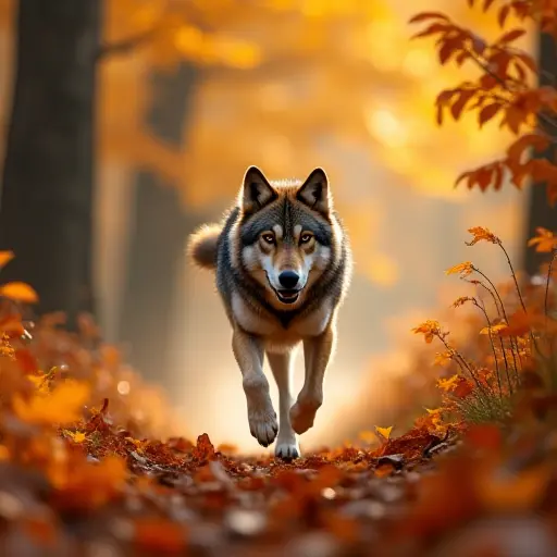 A wolf running through the forest, its fur blending with the fiery orange and yellow leaves, the wind carrying the colorful leaves as it moves with grace.