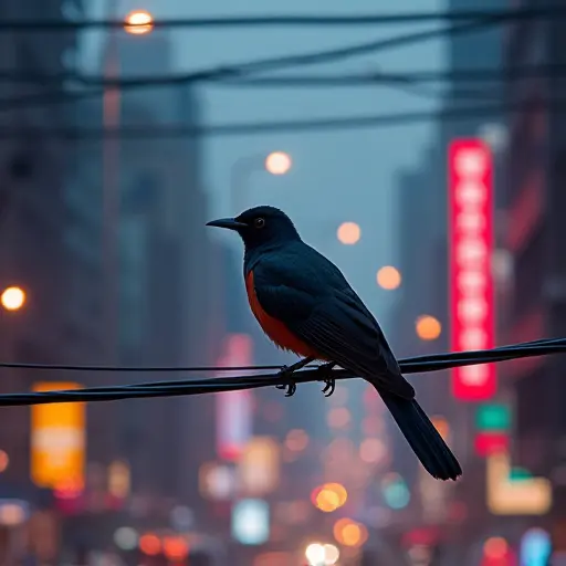 A bird perched on a power line in a bustling city, surrounded by glowing neon lights, while the air is filled with the hum of the city and the soft flutter of its wings.