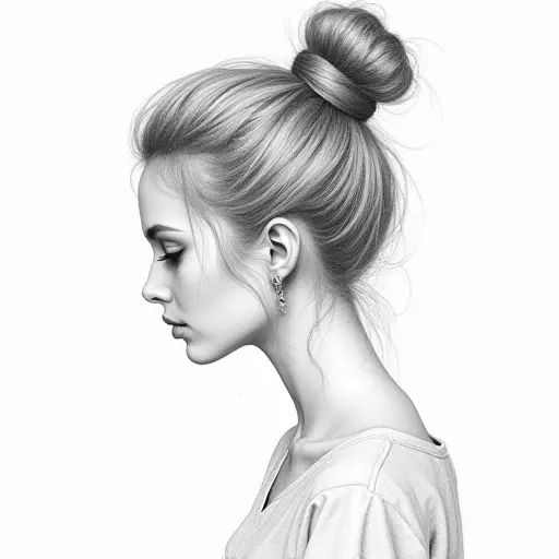 A girl with a high bun, drawn in fine lines with soft pencil shading and delicate details.