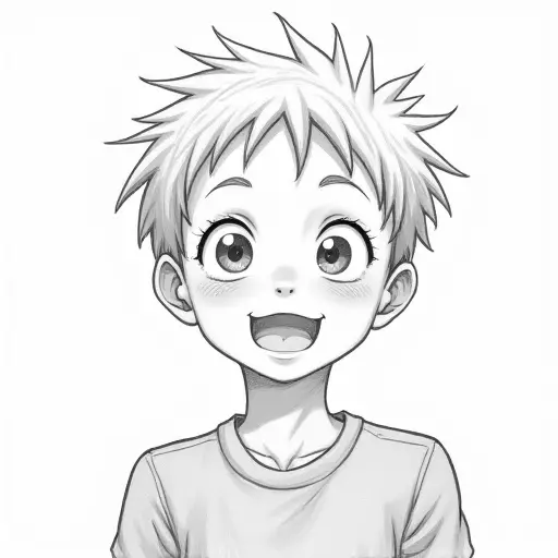 A boy with short spiky hair and a playful expression, drawn with soft pencil strokes and light shading.