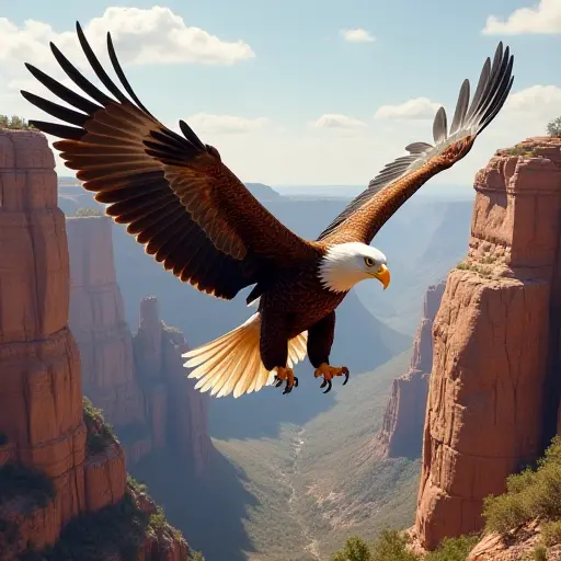 A majestic eagle soaring over a rugged canyon, its feathers detailed with earthy textures and hues of the landscape below.