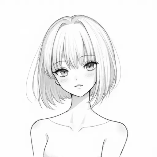 A girl with short hair and straight bangs, sketched in a minimalist style with light pencil shading.