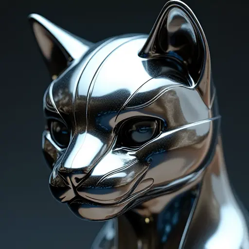 A metallic cat head, polished to a shiny silver or chrome finish, with reflections of high-tech lighting.