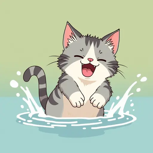 studio ghibli style of A american shorthair playfully splashing water with its paws, showing a mischievous expression.