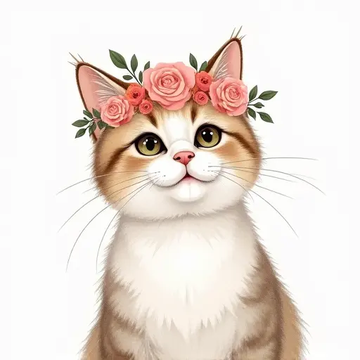 A cat with a flower crown on its head, sketched with delicate pencil lines and soft pastel colors.