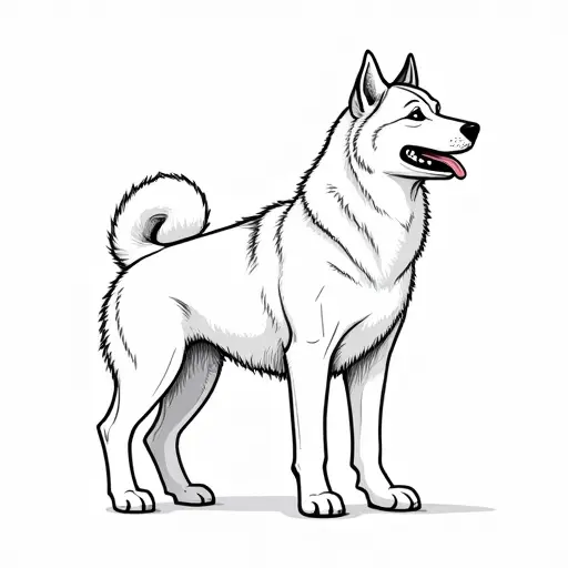 black and white simple line drawing of a siberian husky from the side view