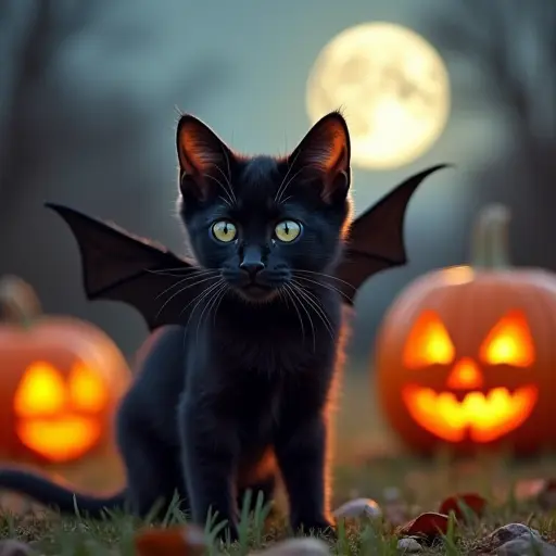 A small black cat wearing a Halloween costume, with bat wings flapping around it, as it plays under the glow of a full moon and the eerie light of jack-o'-lanterns.