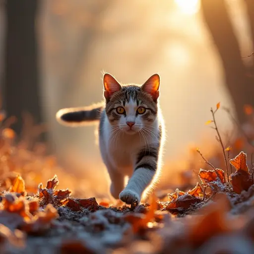 A cat prancing through a forest of frost-covered autumn leaves, its fur glowing in the cool light as the leaves dance around with the winter chill creeping in.