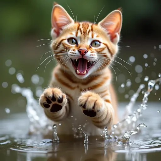 hd photo of A bengal cat playfully splashing water with its paws, showing a mischievous expression.