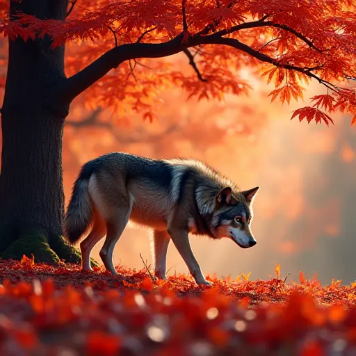 A wolf prowling beneath red maple trees in the fall, the ground covered in bright red and orange leaves, with its fur blending into the fiery landscape.