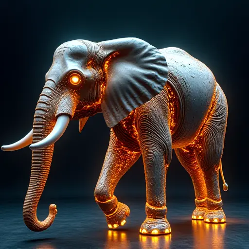 An elephant avatar with a body made of glowing circuitry and metallic plates, symbolizing power and digital evolution.