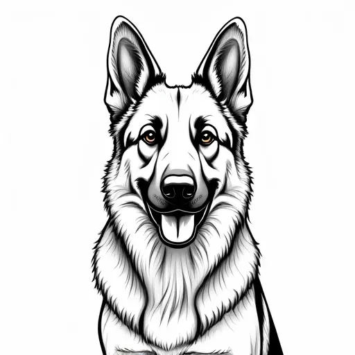 black and white simple line drawing of a german shepherd from the front view