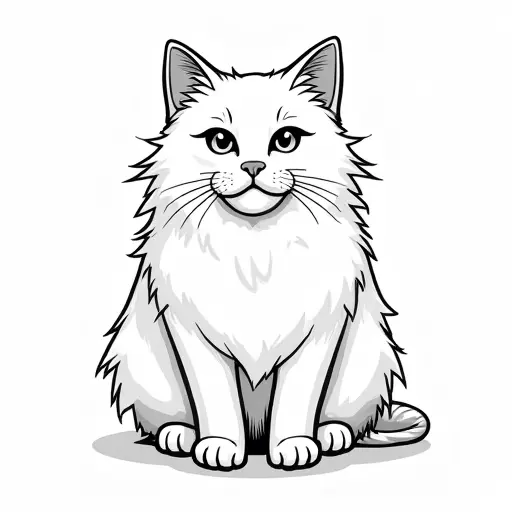 black and white simple line drawing of a persian cat from the front view