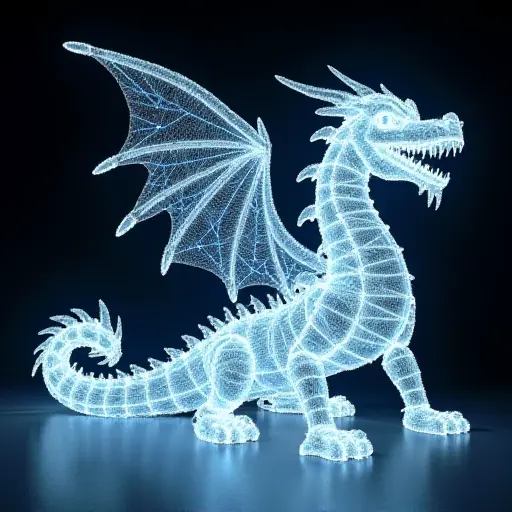 A dragon built from interconnected, rotating digital cubes. Its body is a combination of holographic projections and digital patterns that shift and change based on the dragon's movements, creating a hyper-modern and dynamic appearance.