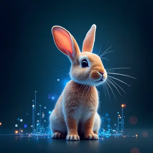 A rabbit with glowing antennas and data streamers extending from its body, symbolizing wireless communication and digital networking.