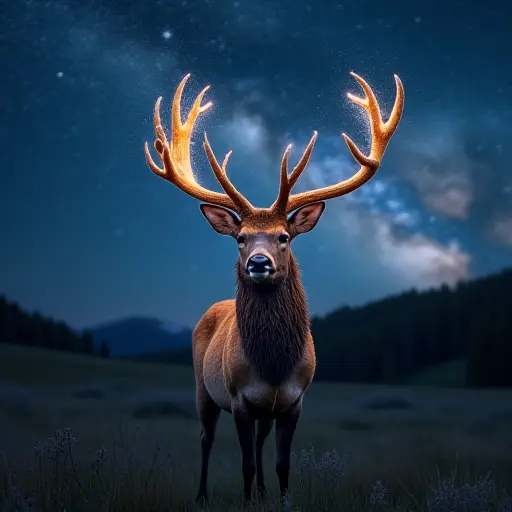 A deer with shimmering antlers that resemble the Milky Way, standing in a quiet clearing under a starlit sky.