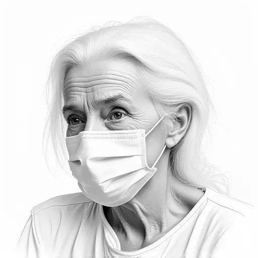 An elderly woman with white hair, wearing a face mask, drawn in a soft pencil sketch with light shading.