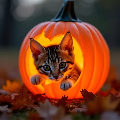 A cat playfully peering inside a pumpkin lantern with a soft flickering light, surrounded by autumn leaves, as the warm light contrasts with the cool colors of the autumn evening.